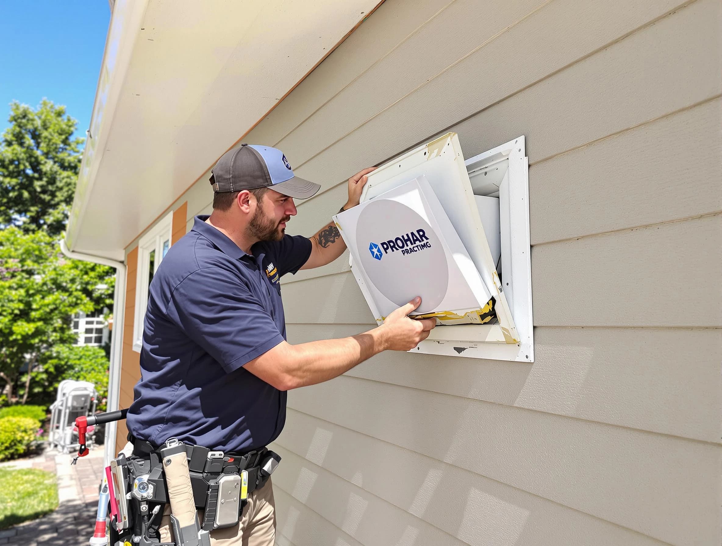 North Providence Dryer Vent Cleaning technician installing a new protective dryer vent cover on a home in North Providence