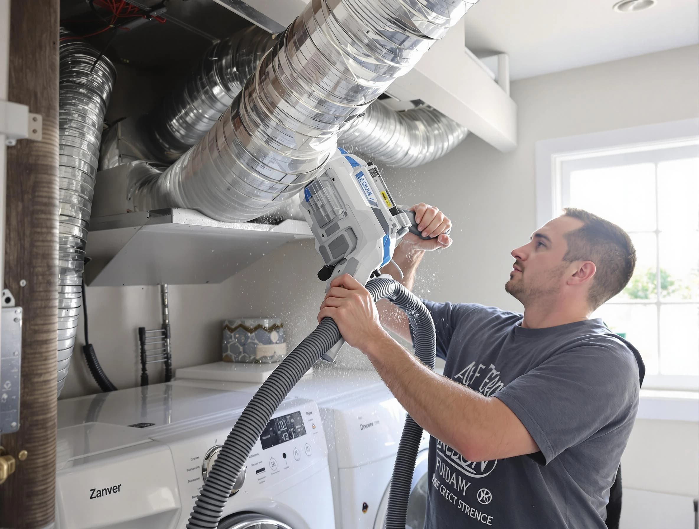 North Providence Dryer Vent Cleaning specialist cleaning deep within a dryer vent duct system in North Providence