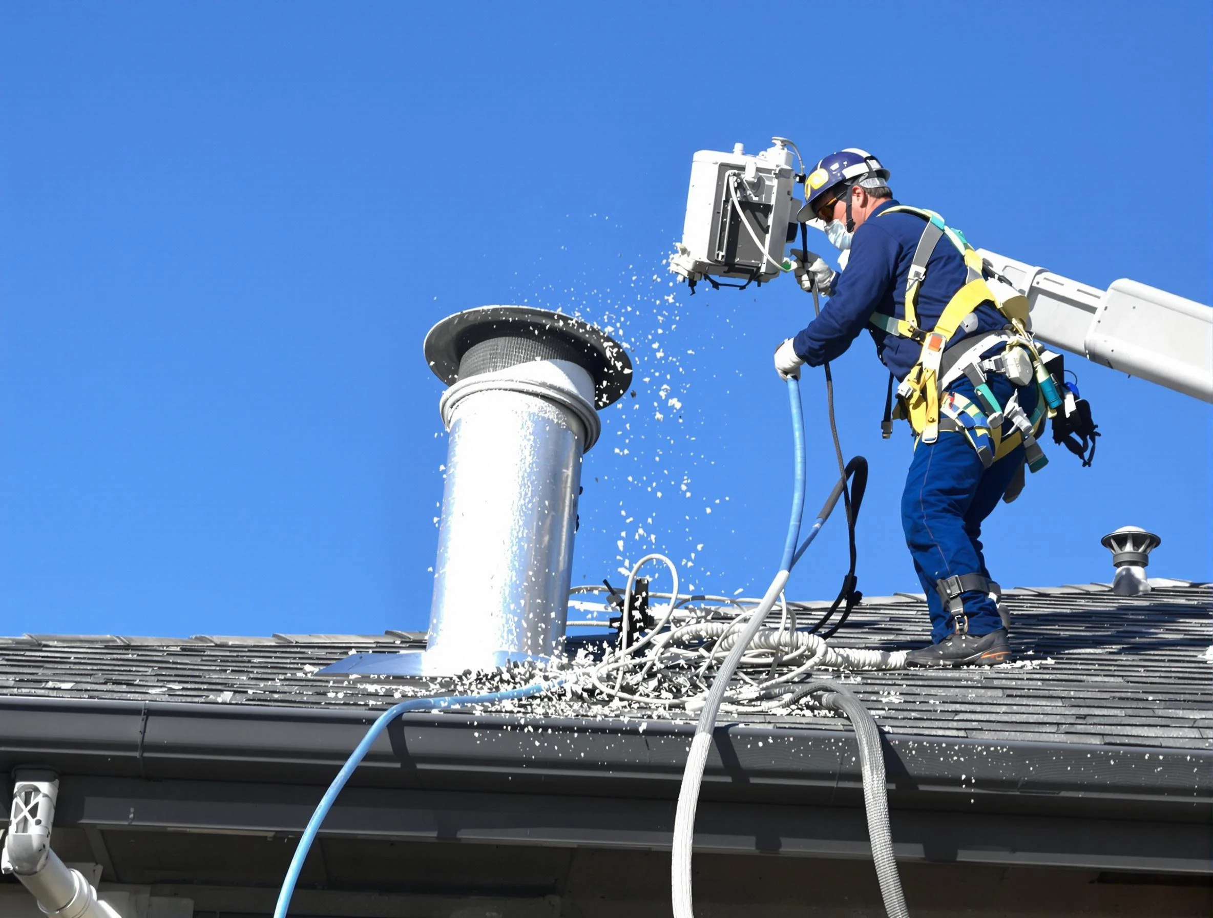 North Providence Dryer Vent Cleaning certified technician safely cleaning a roof-mounted dryer vent in North Providence