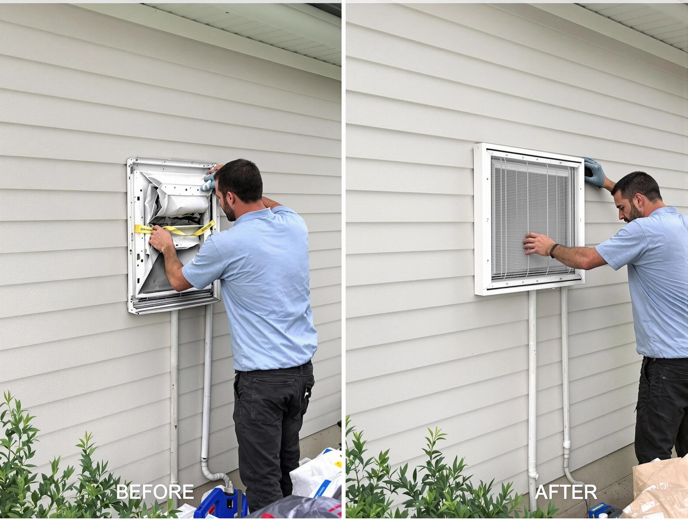 North Providence Dryer Vent Cleaning technician installing high-quality dryer vent cover at a residential property in North Providence
